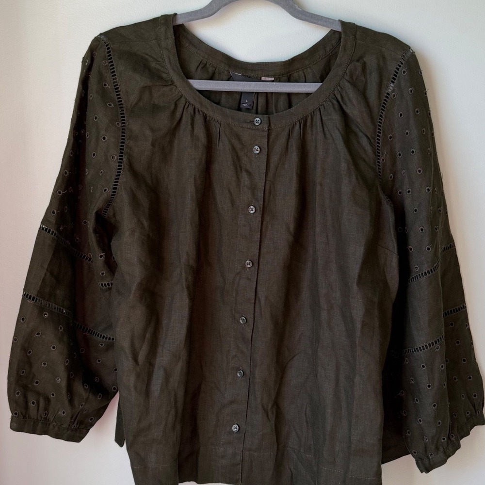 J.Crew Blouse Shirt Dark Moss Green 100% Linen Eyelet Peasant Button Front Large